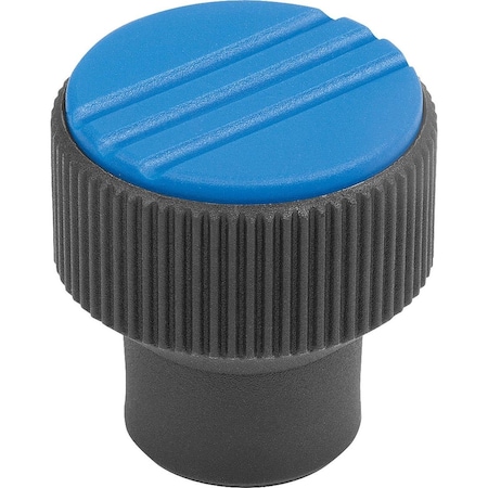 Kipp Knurled Knob Size:2 D=M08, D1=26, H=26, Thermoplastic Black Ral7021, Comp:Steel, Cap:Blue Ral5017 K0247.2083